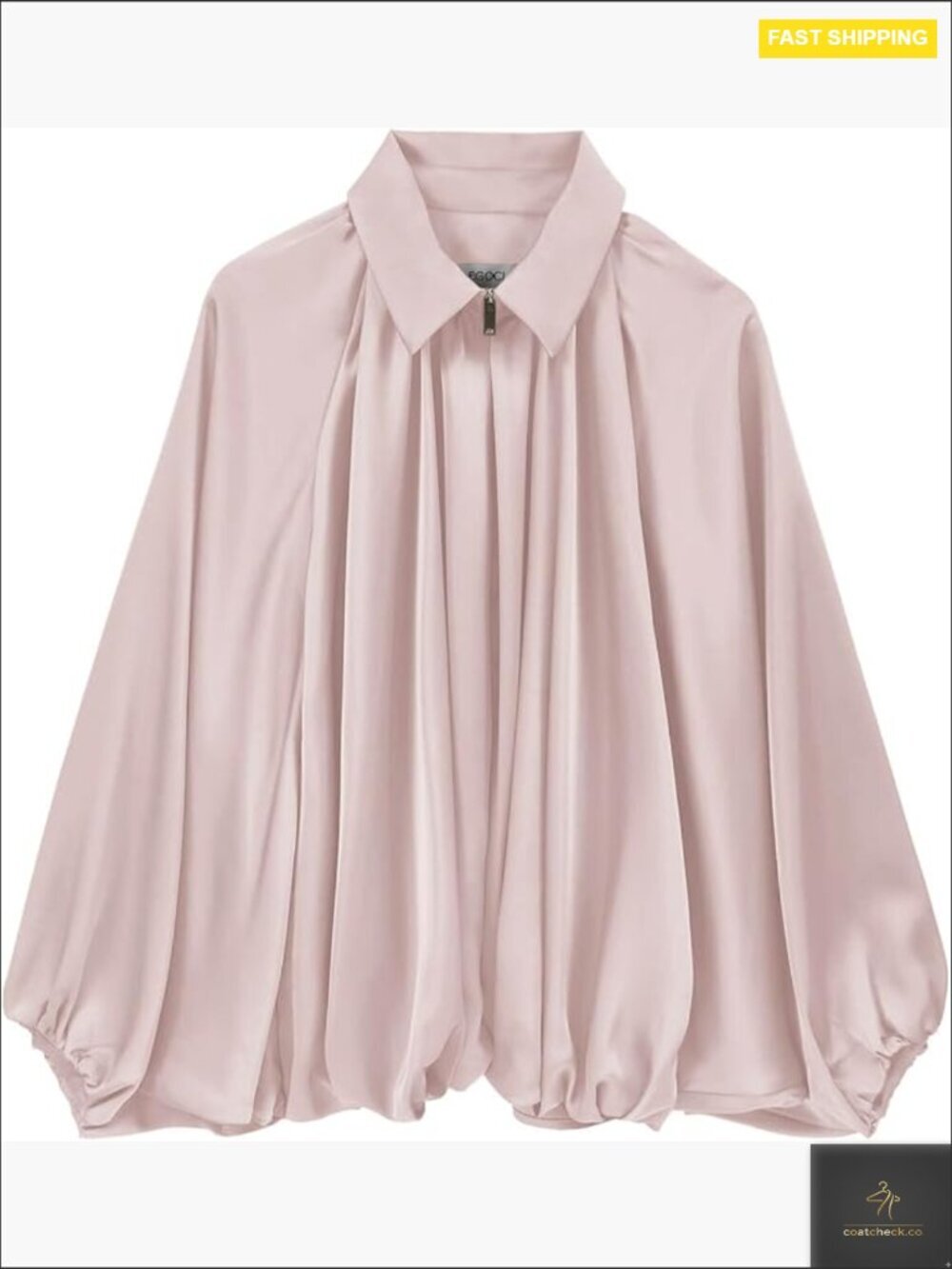 Satin Puffed Bomber Jacket Oversized Batwing Sleeve Lapel Collar Pleated Zip Up